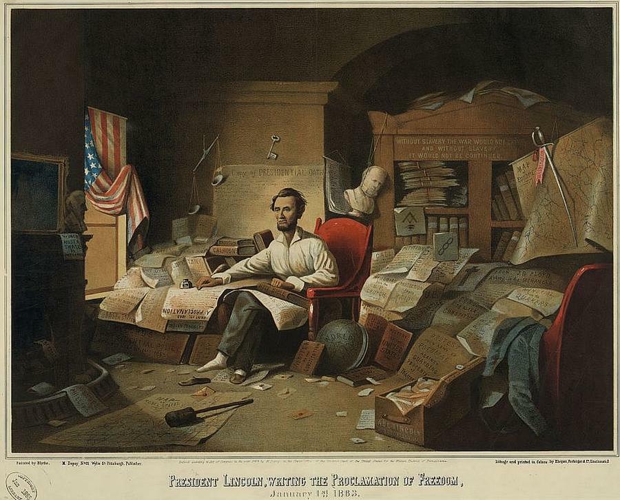 Blythe: Lincoln writing the proclamation of freedom; United States Library of Congress